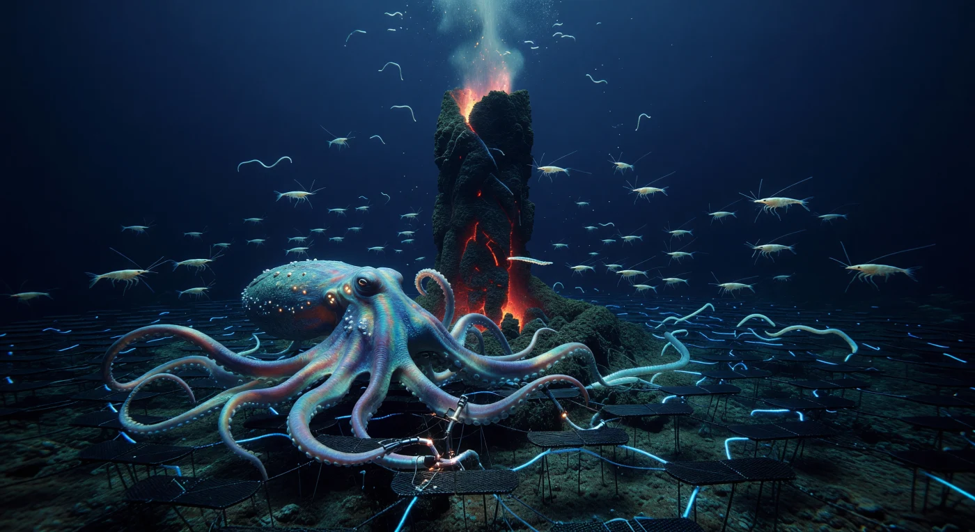 यूरोपा के समुद्र तल पर 100 किलोमीटर की गहराई में स्थित यह दृश्य एक विशाल हाइड्रोथर्मल 'ब्लैक स्मोकर' वेंट को दर्शाता है, जिसके चारों ओर पारभासी 'स्नो-श्रिंप' और तीन मीटर लंबे खंडित 'आइस-वॉर्म' जैसे चरमपंथी जीवों का जमावड़ा है। 'द ग्रेट डाइवर्जेंस' (2200–2500 ईस्वी) के इस कालखंड में, एक 15 मीटर लंबा जैव-संश्लेषित 'क्रैकेन' फ्रेम 400°C गर्म खनिज प्रवाह से ऊर्जा सोखने वाले थर्मोइलेक्ट्रिक एरेज़ का रखरखाव कर रहा है। बृहस्पति के इस रसातल में तकनीक और जीवविज्ञान का यह अनूठा संगम एक ऐसे पारिस्थितिकी तंत्र को उजागर करता है, जहाँ जीवन सूर्य के प्रकाश के बिना केवल भू-तापीय ऊष्मा और उन्नत इंजीनियरिंग के सहारे फल-फूल रहा है।