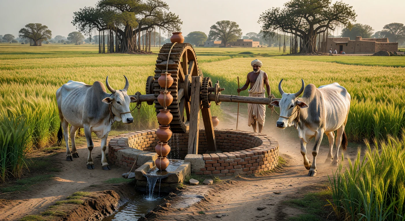 In de vruchtbare vlaktes van de Punjab drijft een paar bultrunderen gestaag een massief houten raderwerk aan, een vernuftige techniek die bekendstaat als het Perzische rad of *Araghatta*. Dit irrigatiesysteem uit de 13e eeuw maakt gebruik van een ketting van terracotta potten om water uit een diepe put omhoog te halen, waarmee de vitale tarwevelden van het Sultanaat van Delhi werden bevloeid. De scène illustreert de cruciale rol van middeleeuwse techniek en dierlijke kracht in de bloeiende landbouweconomie van het middeleeuwse Zuid-Azië.