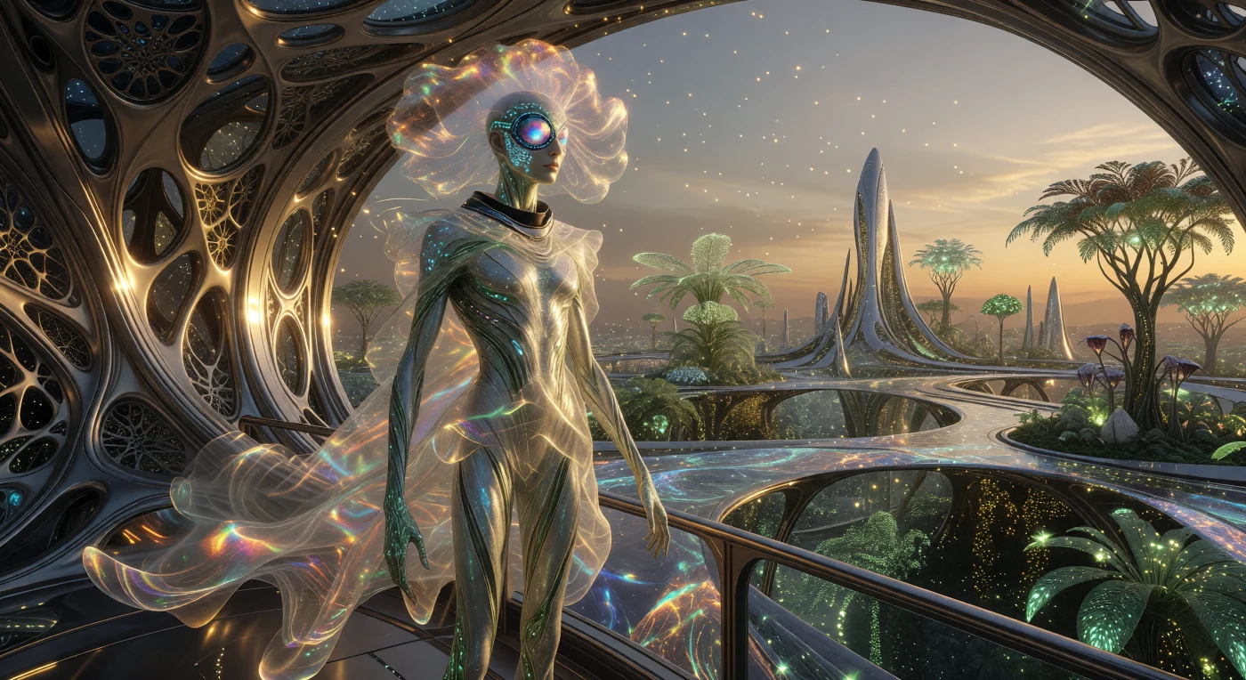 An elite figure of the Zenith Class overlooks the hyper-integrated "Gaia-Grid" cityscape during the late 22nd-century era known as The Convergence. The subject wears an "Atmospheric Shroud" composed of structurally iridescent Mycelial Silk, a carbon-negative fungal textile suspended by micro-gravitic emitters that avoid physical contact with the wearer’s oxygenating, micro-algae-treated skin. This scene illustrates the "Fluid Morph" aesthetic of the period, where carbon-nanotube skeletal reinforcements and ocular implants represent the total synthesis of biological evolution and advanced cybernetic engineering.
