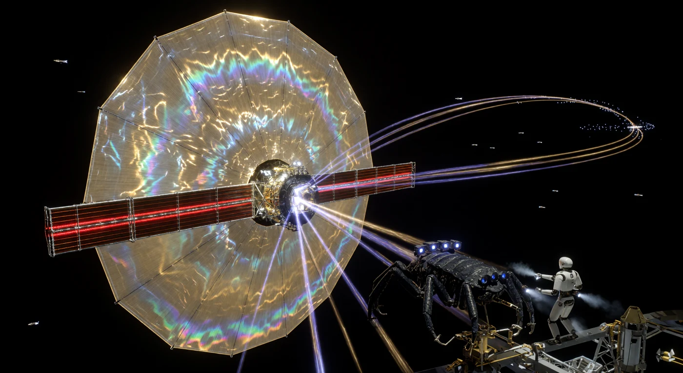 Tijdens de Era van Solaire Expansie (2500-3000 n.Chr.) oogstten gigantische Statite-collectoren, zoals dit 50 kilometer brede goud-titanium zeil, de ongekende energie van de zon om een Type 1.9 beschaving aan te drijven. De kersrode gloed van de radiatorvleugel en de violette microgolfstralen illustreren de thermodynamische uitdagingen van deze periode, waarin energie als gebundelde straling naar verre habitats werd verzonden. In de voorgrond zien we een Exo-morfe Silicaat, een genetisch gemanipuleerd wezen met een hittebestendig pantser, werkzaam naast een SIM-proxy: een robotisch voertuig voor een gedigitaliseerd menselijk bewustzijn dat moeiteloos in het dodelijke vacuüm kon opereren.