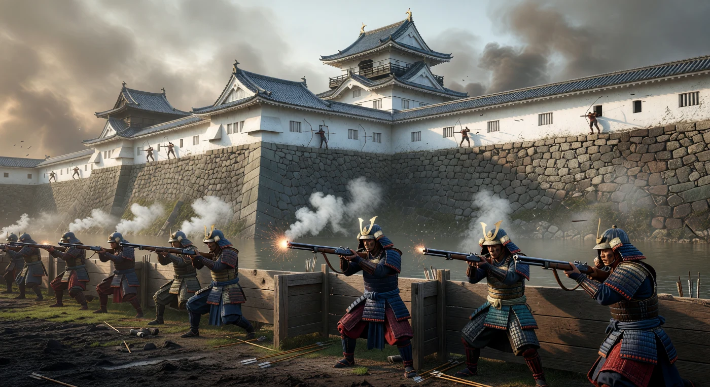 1600年頃の日本における平城攻囲戦の緊迫した一場面であり、当世具足に身を包んだ兵たちが、木製の楯の背後から種子島（火縄銃）を一斉に放っています。立ち込める硝煙の向こうには、巨大な石垣と白漆喰の壁、そして黄金の鯱が輝く重層な天守がそびえ立ち、近世城郭建築の極致とも言える堅牢な防御機能を示しています。この光景は、戦国から江戸へと移り変わる時代の転換期において、火器の普及と築城技術の劇的な進化がもたらした、凄まじい戦場の臨場感を鮮明に伝えています。