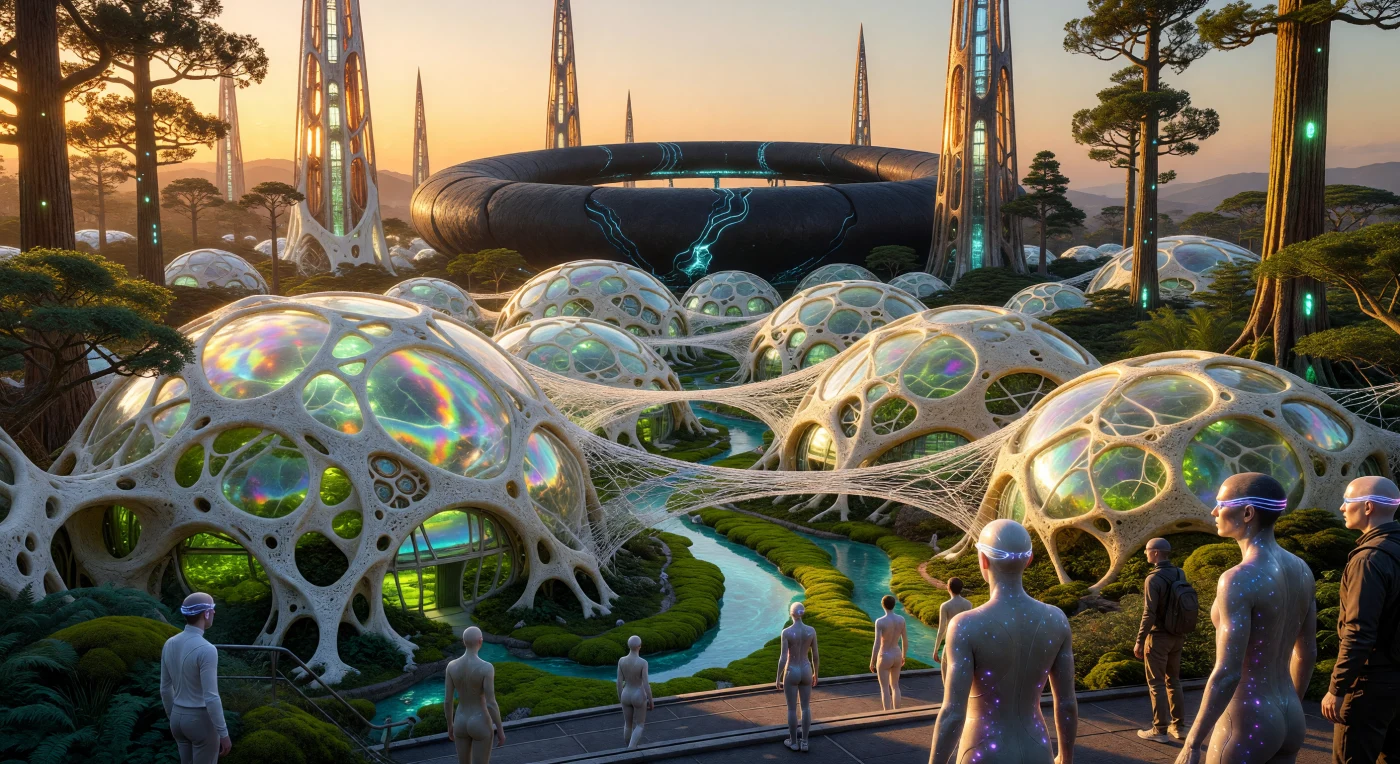 22世紀の「融合（コンバージェンス）」期、都市はもはや建設されるものではなく、生物のように「培養」される対象となりました。この「マイコ・ハイブ」と呼ばれる居住群は、自己修復能を持つバイオリス（生体岩石）の骨格と光合成を行う真珠光沢の膜で構成され、遺伝子改変された巨大セコイアが茂る高酸素環境の「酸素パーク」と一体化しています。紫外線耐性を持つ銀色の肌を備えたポスト・コンバージェンス人類は、液体金属の広場を歩み、テクノロジーと有機生命が完全に調和したこの巨大な共生系の中で、新たな進化の極致を体現しています。