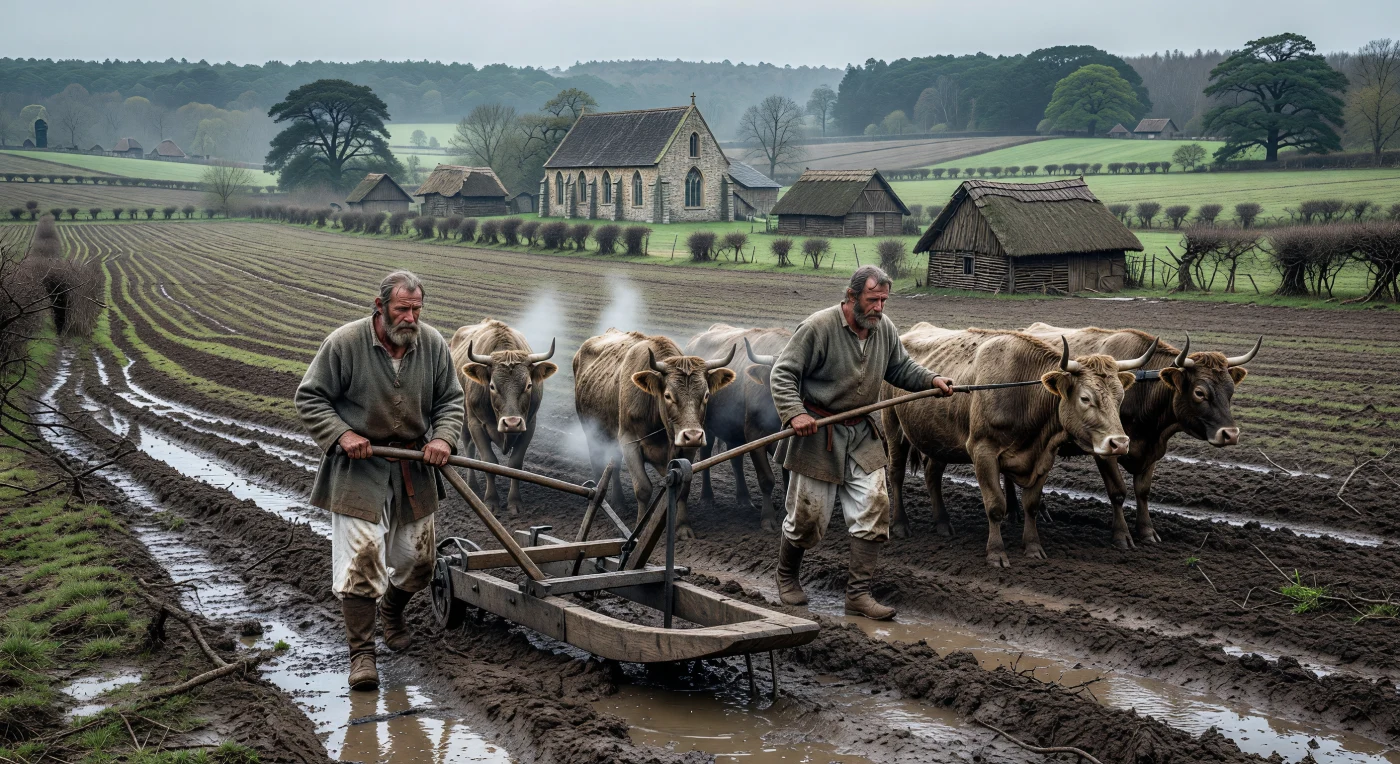 14世紀、小氷期の湿った曇り空の下、粗末なウールの服を纏った農民たちが「カルカ」と呼ばれる重い車輪付きの犂（すき）を操り、4頭の牛と共に粘土質の土壌を力強く耕しています。この革新的な農具は、垂直に土を切る鉄製の刃と土を反転させる撥土板を備えており、北ヨーロッパの重く湿った大地を効率的に開墾して農業生産を支えた中世技術の結晶でした。泥にまみれた労働の背景には、細長い地割りが特徴的な開放耕地と石造りの教会を中心とした村落が広がり、当時の過酷ながらも組織化された農村生活の営みを鮮明に映し出しています。