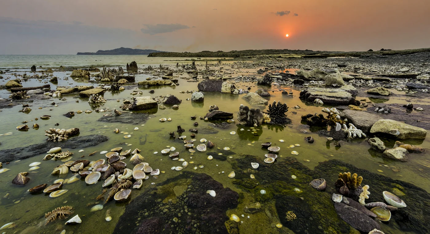 Nesta margem rasa do oceano Panthalassa, há cerca de 252 milhões de anos, a maré baixa expõe uma paisagem de morte: leitos extensos de braquiópodes e bivalves recém-mortos, ossículos de crinóides, fragmentos de esponjas calcárias e blocos de recife em colapso, todos cobertos por tapetes microbianos escuros sob águas esverdeadas, quentes e quase sem movimento. A cena retrata a crise do fim do Permiano — a “Grande Morte” — quando aquecimento extremo, falta de oxigénio e águas ricas em sulfureto de hidrogénio devastaram os mares do mundo. Em vez de recifes de coral modernos, este litoral perdido era sustentado por esponjas calcárias permianas e estruturas carbonatadas microbianas, um ecossistema outrora diverso agora reduzido a uma zona morta silenciosa sob um céu avermelhado por aerossóis vulcânicos.